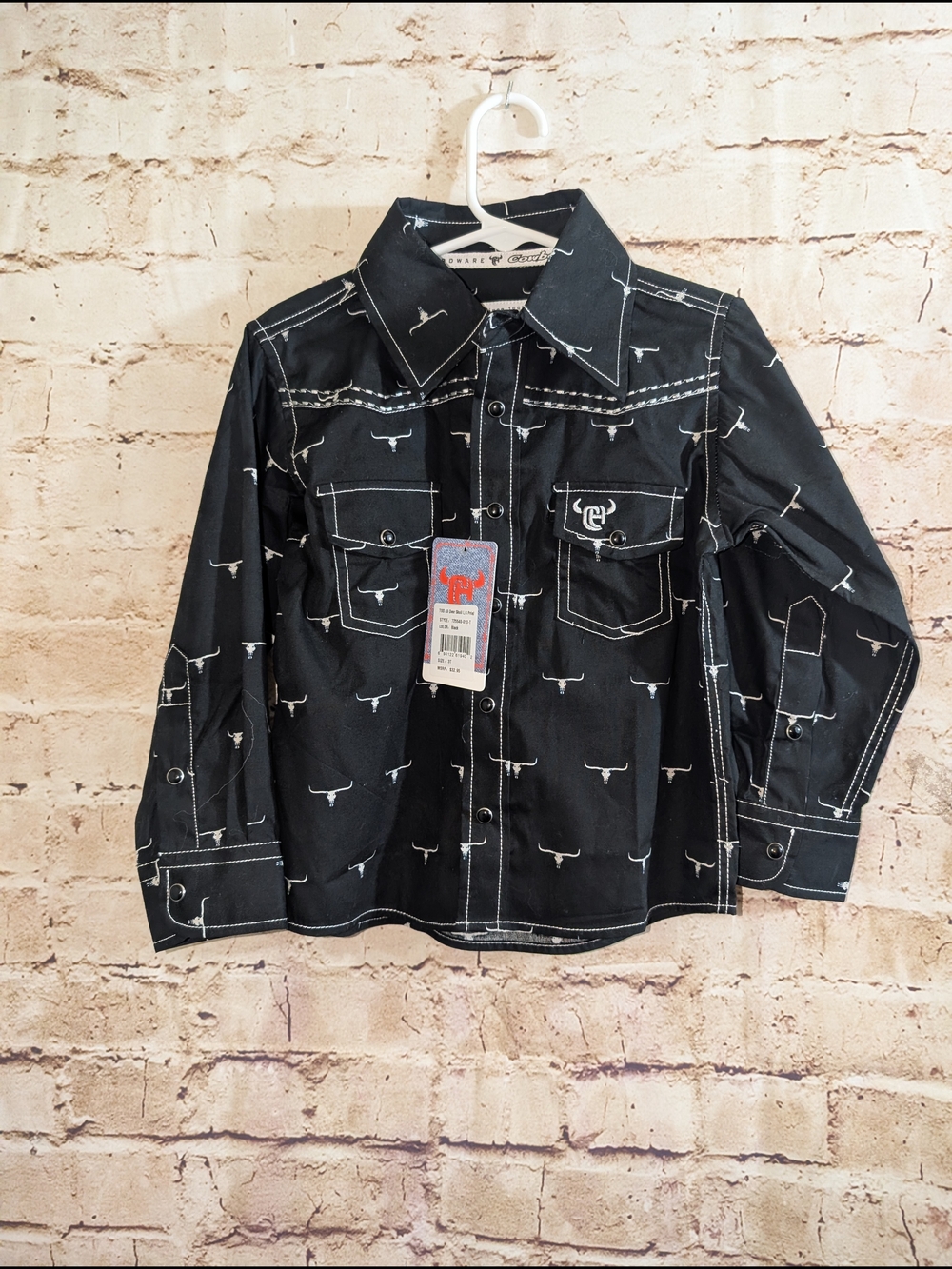 ~Cowboy Hardware shirt features a black branding iron print and pearl snap 3T
